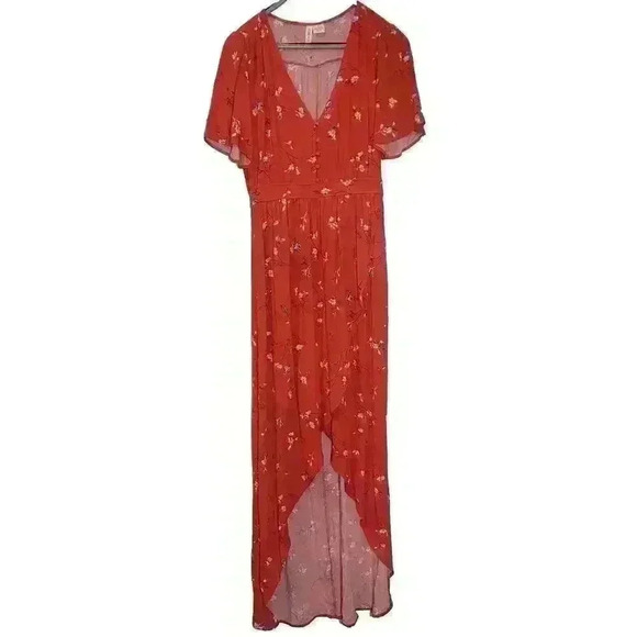 Sky & Sparrow Dress Womens Size M Red Floral High Low Hem Ruffle Button Boho - Picture 1 of 9